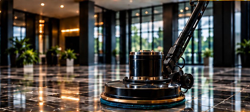 Professional floor cleaning in a commercial lobby